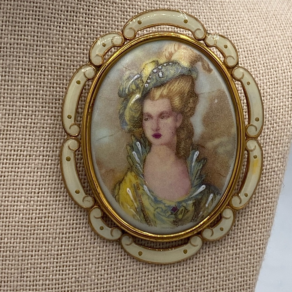 Antique Thomas L Mott Hand Enameled Painted Lady Brooch Pendant 1930 Cameo - Picture 8 of 8